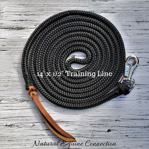 Our 14' Long x 1/2" diameter Horse Training Lines are excellent for groundwork, tying, leading, ponying, and flank rope training. It is the perfect weight to carry your message and feel precisely and accurately to the horse and the length is ideal for many applications.