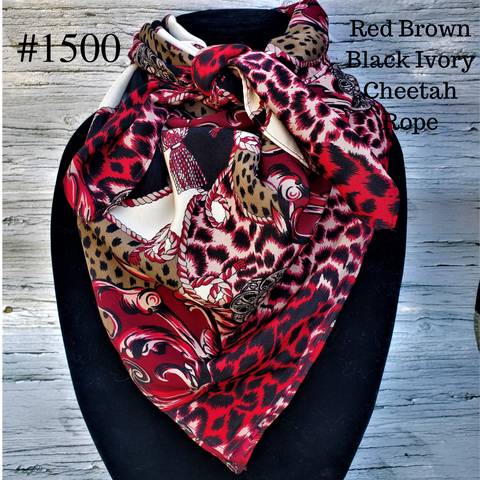 Red Brown Black Ivory Cheetah Rope Print Wild Rag Cowboy Buckaroo Silk Scarf