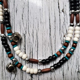 Horse Rhythm Balance Beads - Lakota Style - Brown Spaghetti/Dark Turquoise Wood Beads/Black/Ivory/Silver