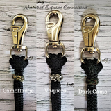 Our horse training lines and neck ropes look great with colored braided knot accents. There are many difeerent colors to choose from in either leather or paracord. Made in Canada.