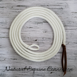 All of our horse training lines have a spliced loop end with the option to attach directly to halter or add an easy one-handed heavy-duty nickel plated bull snap tested to 2,100 lbs. Rings or other hardware of your choice can easily be added or removed as needed.