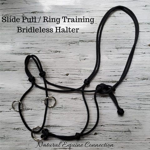 Our Slidepull Training Halter is one of our favorite and most used piece of equipment that we carry. It is a hybrid between a sidepull and a rope halter.