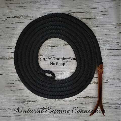 Our 14' Long x 1/2" diameter Horse Training Lines are excellent for groundwork, tying, leading, ponying, and flank rope training.