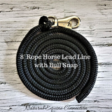 Our 8 foot x 1/2 inch horse lead rope is just the right length for leading, ponying, and tying. They are made from the same premium yacht rope our working ropes are made of. This rope comes without a "tasty" popper on the end that our companions love to munch on, so it will stay looking great for a long time!
