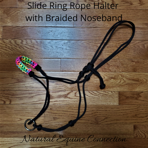 Slide ring rope horse halters are by far the best training tool for any horseman of any discipline. The slide ring allows the lead to put pressure on cheeks instead of chin. It can be used for riding and groundwork. 