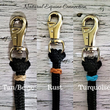 Horse training lines and neck ropes can easily be personalized by adding your choice of colored braided knot accents. Customized in Ontario Canada by Natural Equine Connection.